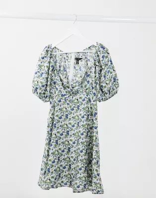 New Look puff sleeve tie front mini dress in floral | ASOS (Global)