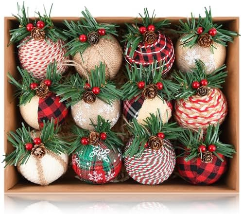 Rustic Christmas Ornaments for Tree Decorations - Farmhouse Burlap Xmas Balls Ornaments for Holid... | Amazon (US)