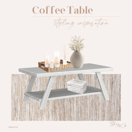 This neutral coffee table styling has a coastal vibe with a gray table, beige and gray rug, book stack, rustic vase with faux flowers, a wicker basket, candles, and a reed diffuser. 

Amazon home, home decor, living room decor, decorative accessories, coastal accessories 

#LTKfindsunder50 #LTKhome #LTKmidsize