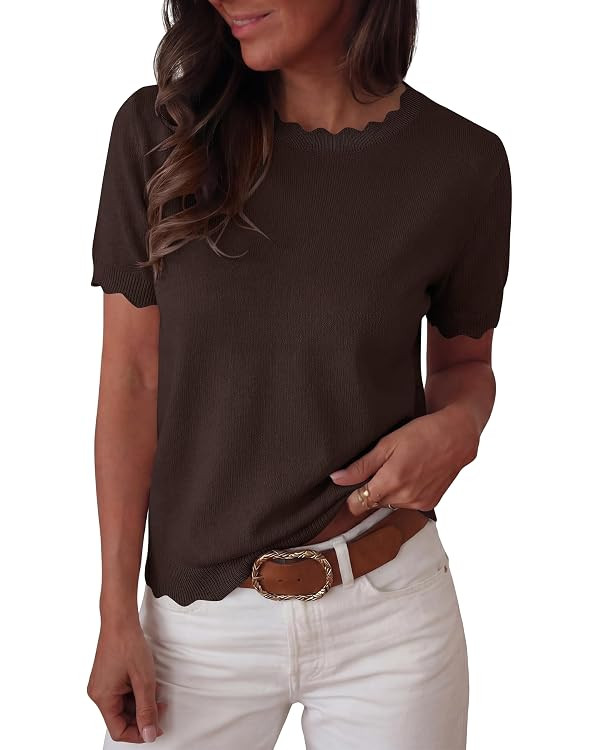 ANRABESS Womens Short Sleeve Sweater Summer Sweaters Top Dressy Scalloped Loose Business Casual V... | Amazon (US)
