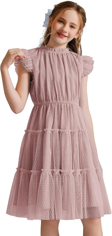Quedoris Girls Tulle Dress Elastic Neck and Waist Three Layers Ruffle Sleeve Tiered Skirt Party C... | Amazon (US)
