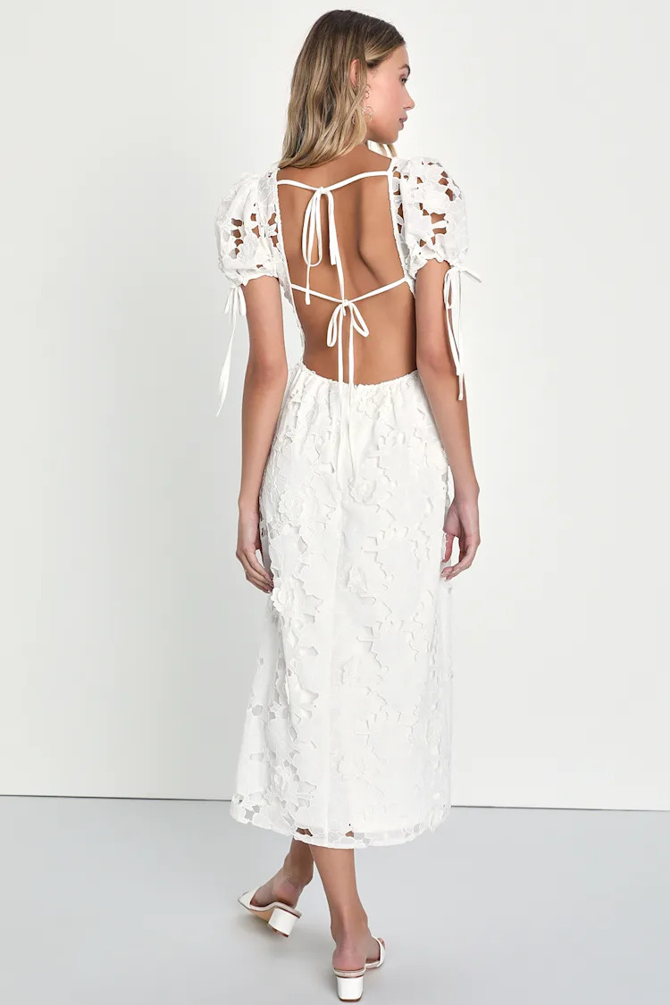 Flourishing Blossoms White 3D Floral Backless Midi Dress | Lulus