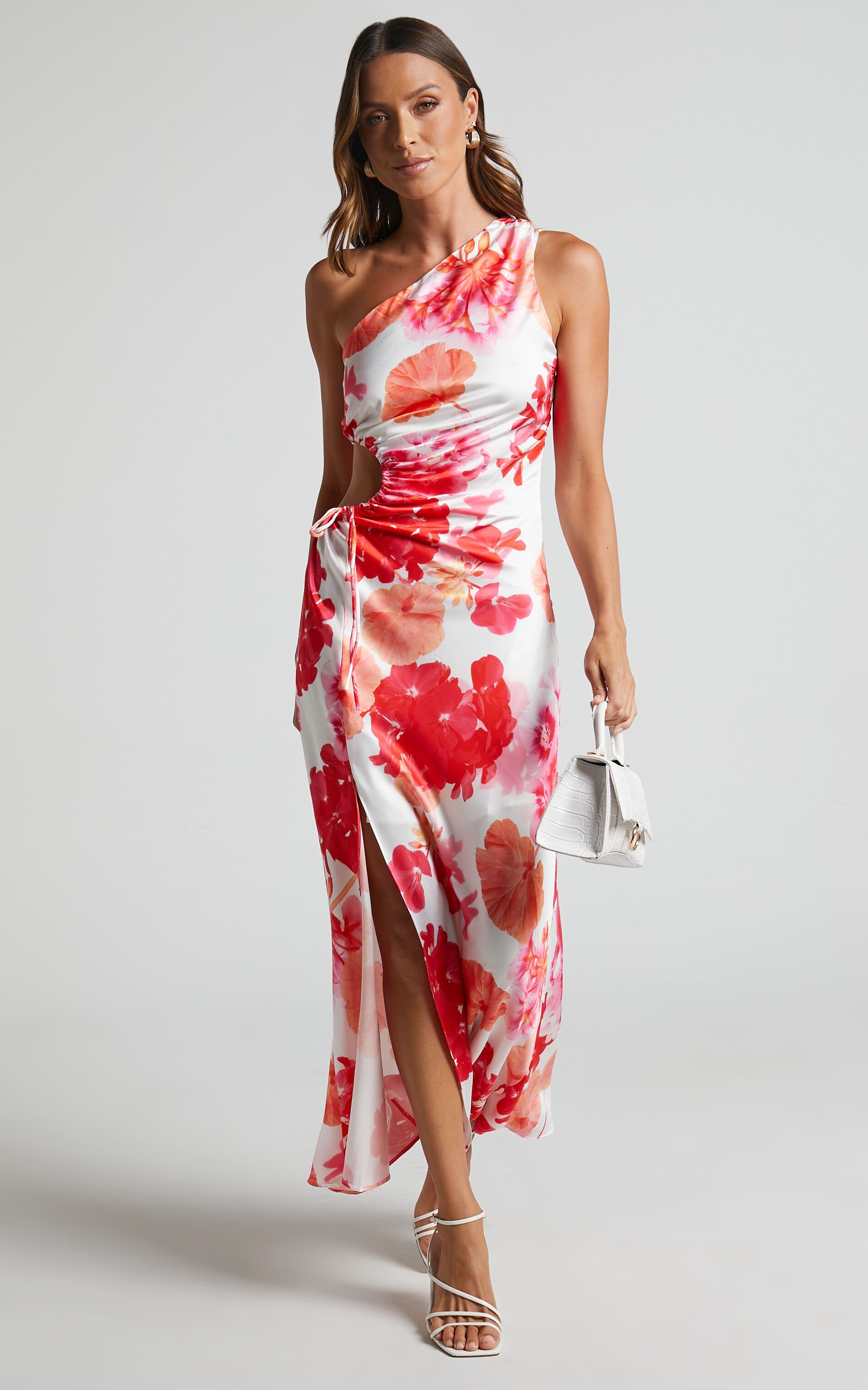 Leanora Maxi Dress - Side Cut Out One Shoulder Satin Dress in White Floral | Showpo (US, UK & Europe)