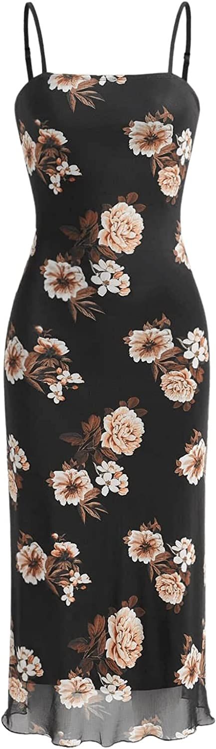 SweatyRocks Women's Floral Print Split Bodycon Dress Cami Midi Dress | Amazon (US)