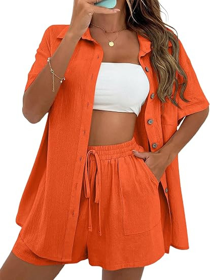 APAFES Women Summer Cotton Linen Short Sets 2 Piece Shorts Top Lounge Beach Vacation Two Piece Ou... | Amazon (US)