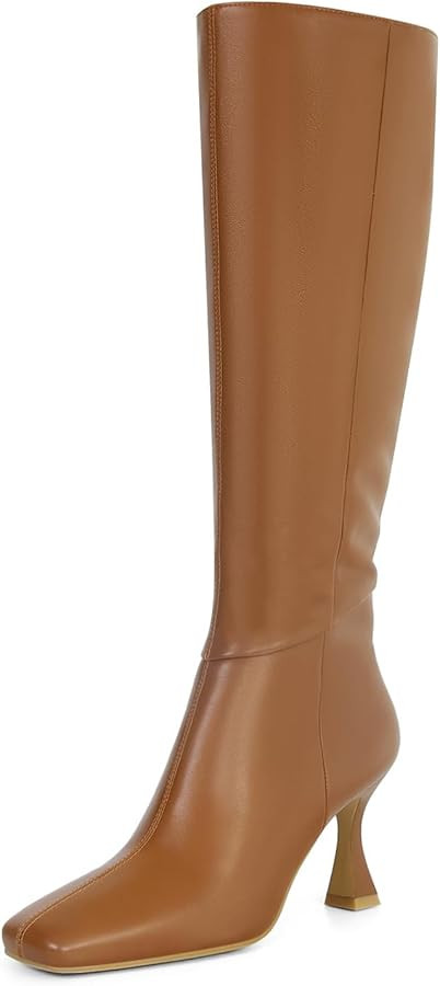 Dsevht Black Leather Knee High Boots for Women Stiletto Kitten Heeled Sexy Boots Square Toe and S... | Amazon (US)