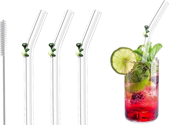 3pcs Reusable Glass Straws Green Turtle on Clear Bent Straw 8 in x 9 mm With Cleaning Brush, Perf... | Amazon (US)