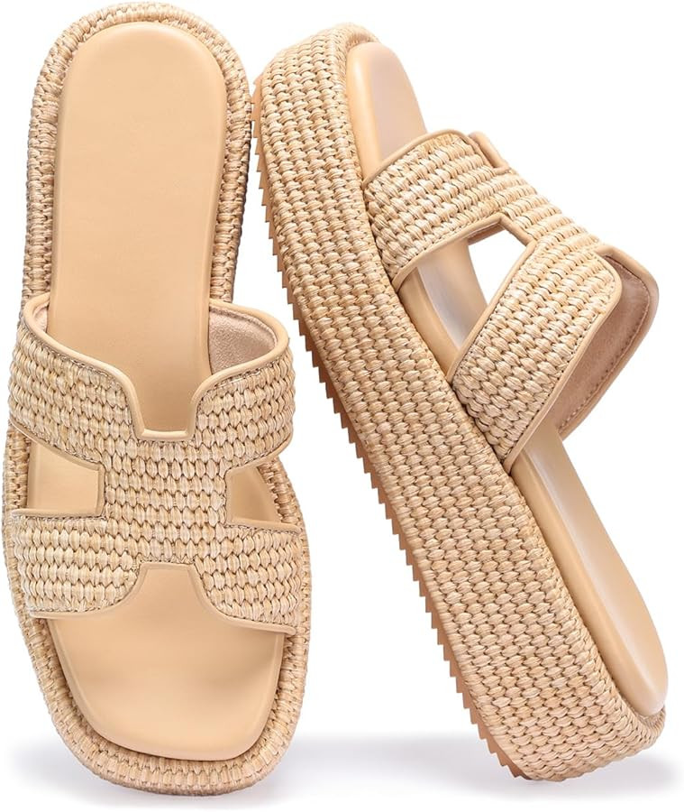 Monrovia Raffia Platform Sandals for Women Slip-On Espadrille Wedges Slides, Flatform Woven Straw... | Amazon (US)