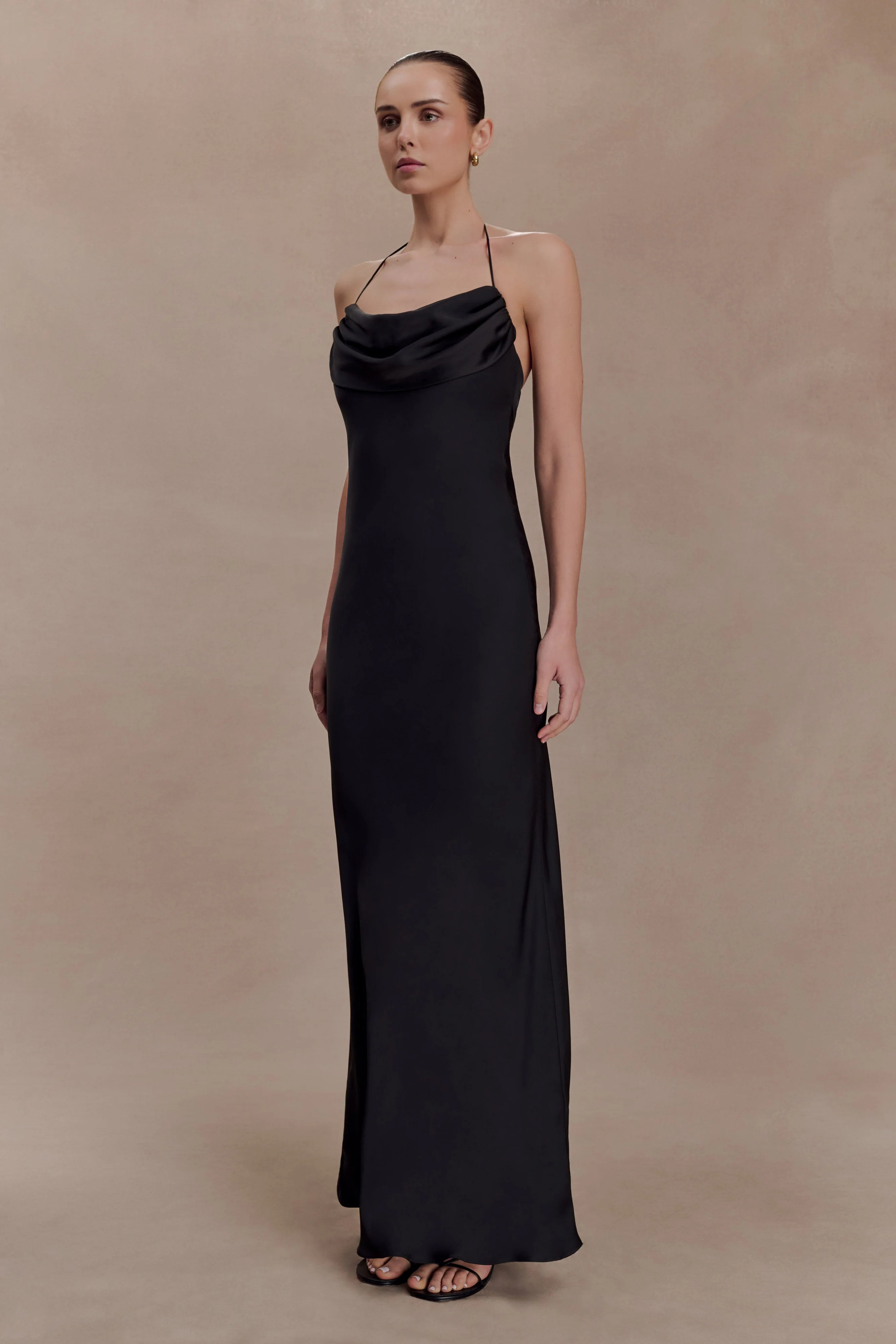 Lydia Cowl Neck Satin Maxi Dress - Black | Meshki UK