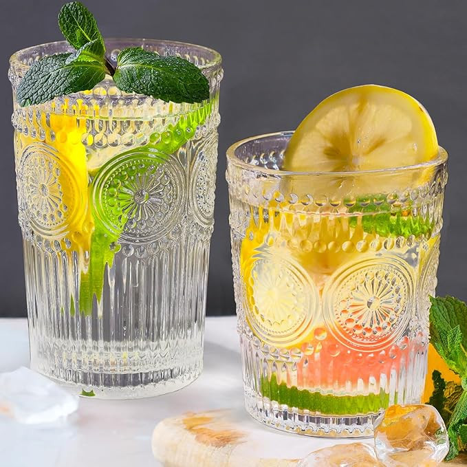 12pcs Vintage Drinking Glasses Set, 12 oz Highball Glasses & 9 oz Embossed Ribbed Glassware Cups ... | Amazon (US)