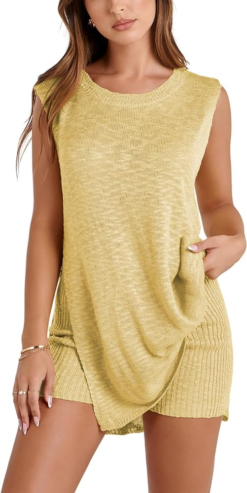 Womens Knit Pajamas Sets 2 Piece Outfits Casual Sleeveless Sweater Tank Top Shorts Loungewear Lou... | Amazon (US)