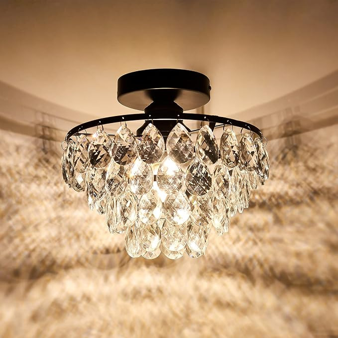YYJLX Modern Small Crystal Ceiling Light Fixture Mini Black Semi Flush Mount Chandelier Light Fix... | Amazon (US)