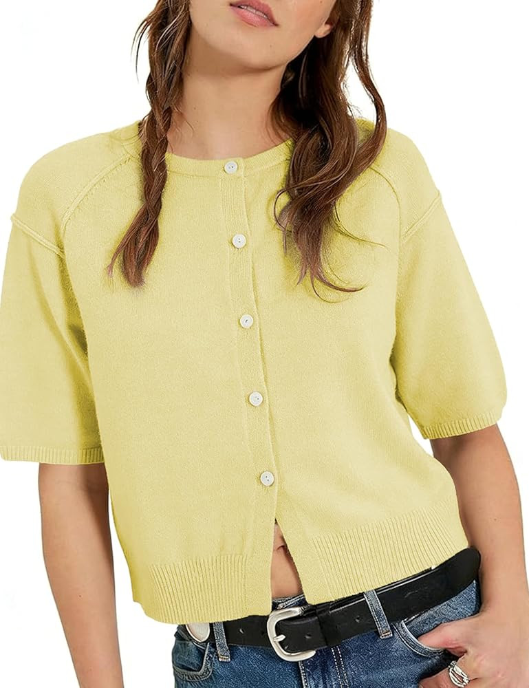 AMEBELLE Cropped Short Sleeve Cardigan for Women Ribbed Knit Lightweight Button Up Shirt Crewneck... | Amazon (US)
