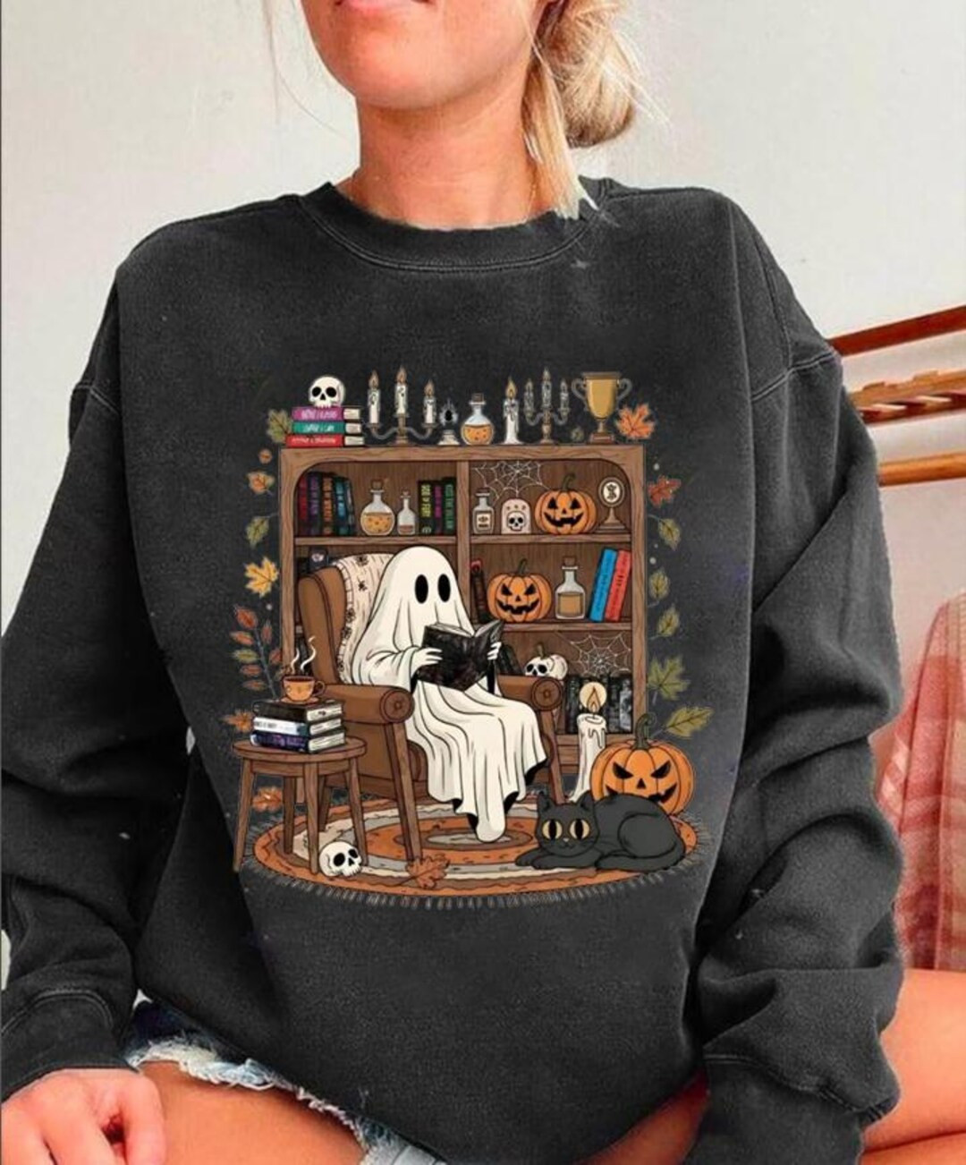 Cozy Ghost Reading Halloween Sweatshirt, Haunting Adeline Sweatshirt, Fall Library Boo Hoodie, Cu... | Etsy (US)