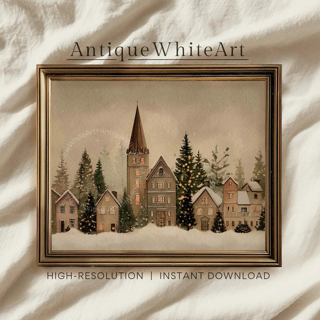 Christmas Village Wall Art: Winter Town at Night, Neural Vintage Christmas Decor W316 - Etsy Cana... | Etsy (US)
