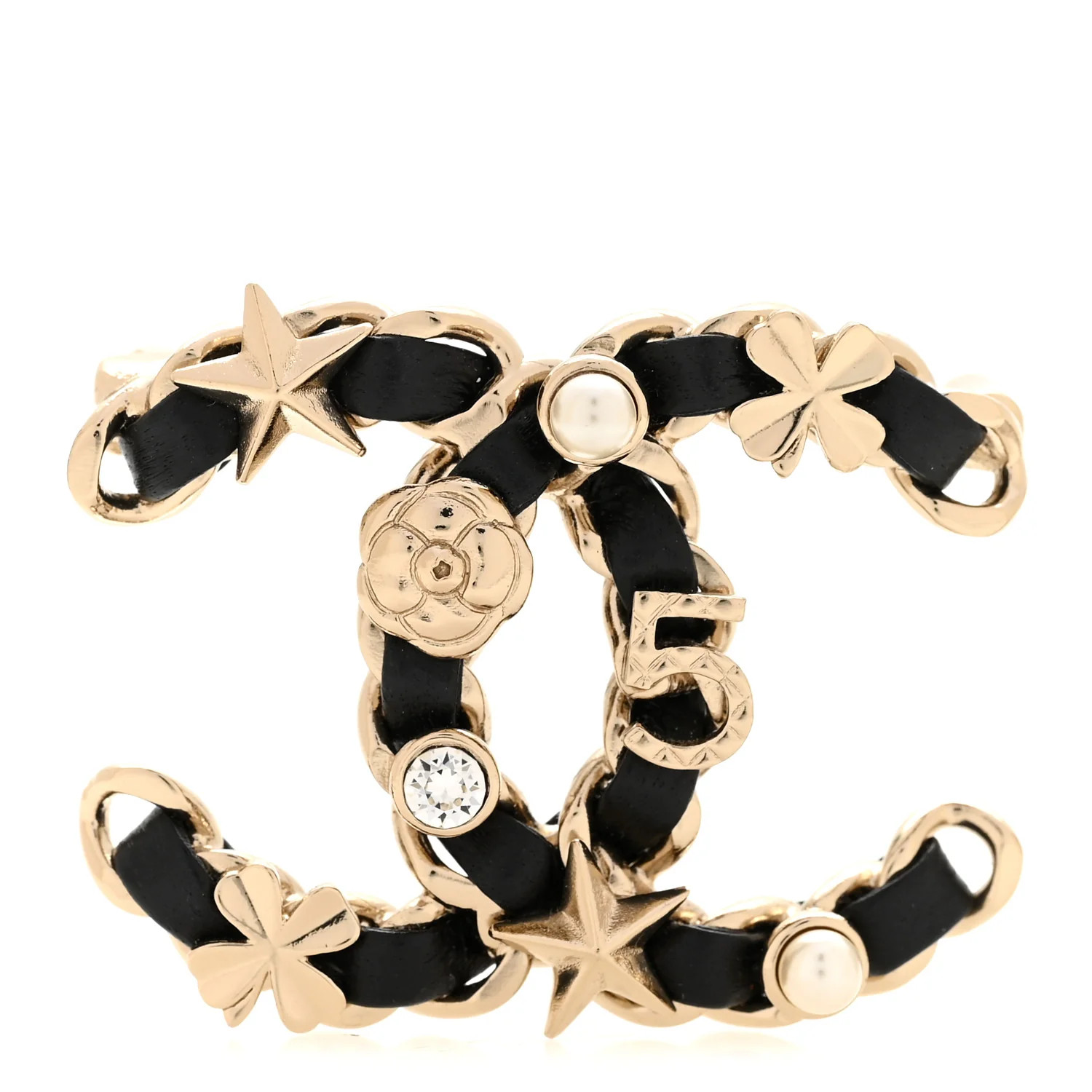 Chanel Lambskin Pearl Strass Sergeant Chanel Brooch Black Gold 1914583 | FASHIONPHILE (US)