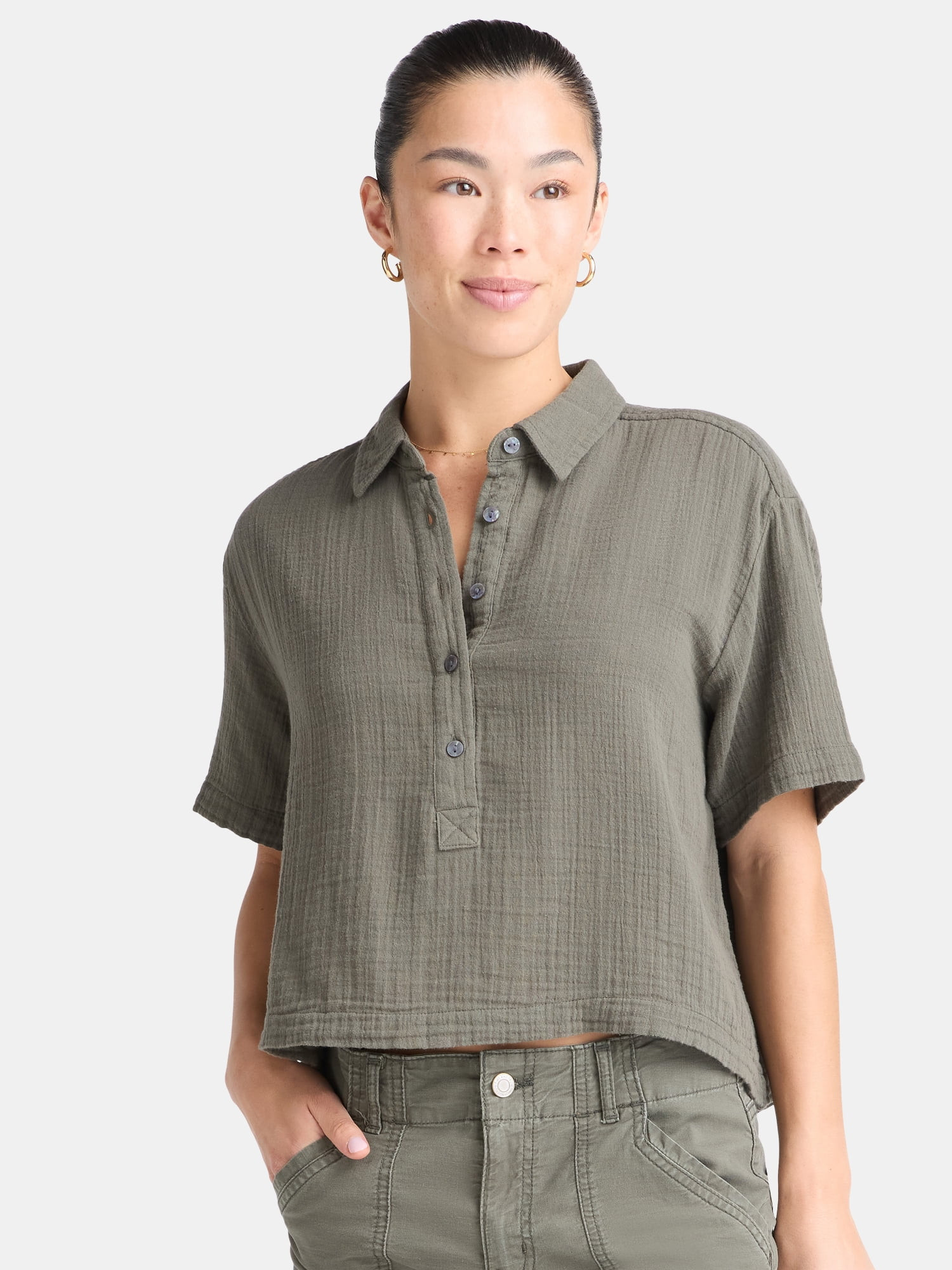 Time and Tru Women's Cotton Double Cloth Cropped Shirt, Size XS-XXXL | Walmart (US)