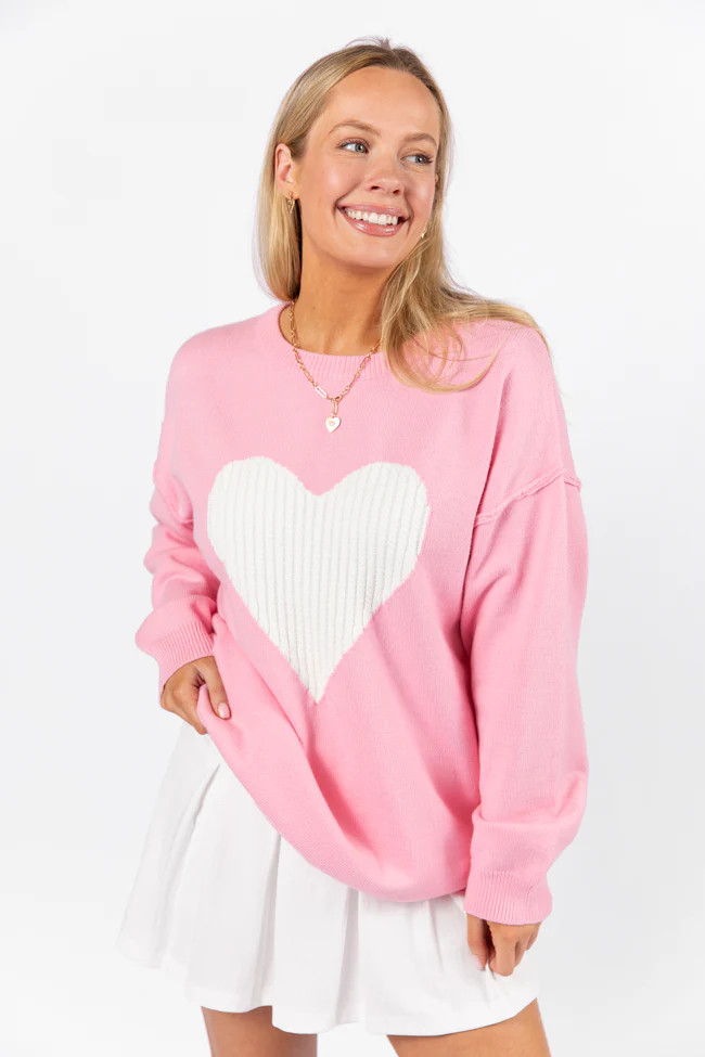 In My Heart Pink and Ivory Cable Knit Heart Sweater | Pink Lily
