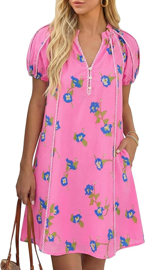 Cicy Bell Womens Summer Puff Sleeve Mini Dresses Floral Print Ruffle Button V Neck Dress Loose Fi... | Amazon (US)