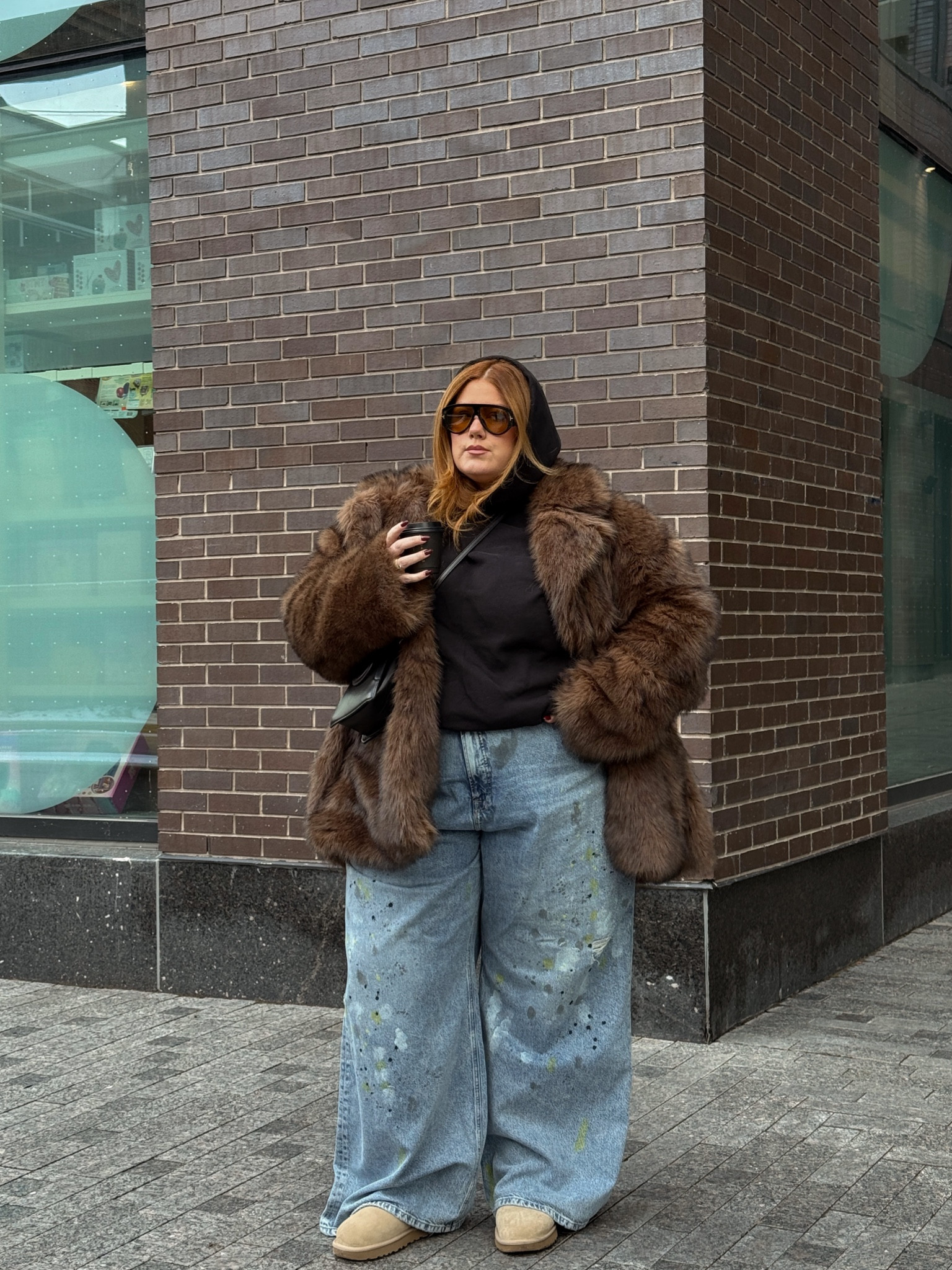Plus size winter coffee run outfit 

Wearing a US24 in the brown faux fur jacket which is a little big but u love I can wear a thicker hoodie or sweater underneath 

Jeans are a US26

#LTKwinter #LTKjeans #LTKplussize