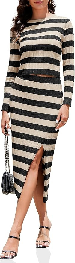 Wenrine Women's 2 Piece Knit Skirt Sets Striped Long Sleeve Sweater and High Waisted Maxi Long Sk... | Amazon (US)