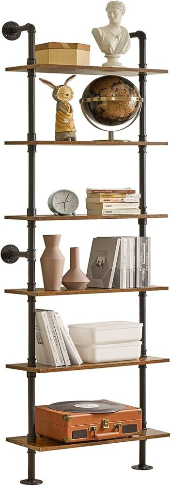 YMYNY Industrial Pipe Ladder Shelf, 6-Tier Wall Mounted Bookcase with Metal Frame, 78.7" Open Boo... | Amazon (US)