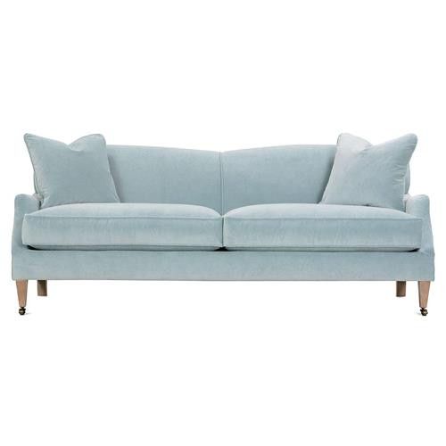 Hargrove French Country Blue Upholstered Tight Back Brown Wood Sofa - 85"W | Kathy Kuo Home