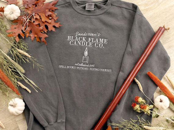 Black Flame Candle Co Comfort Colors Halloween Black Embroidered Crewneck Sweatshirt, Hocus Pocus... | Etsy (US)