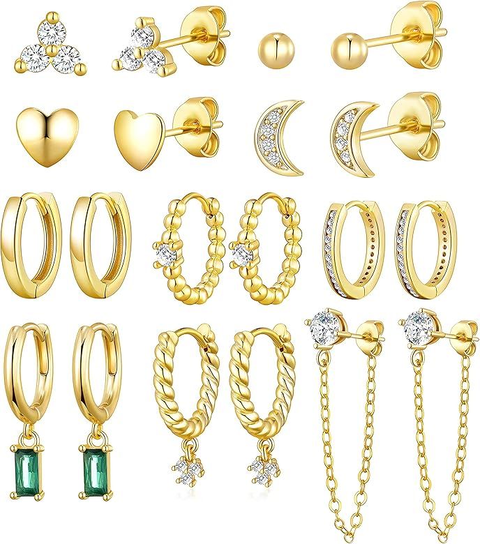 PLOMFOV 10Pairs 14K Gold Plated Huggie Hoop Studs Earrings Set for Women Dainty Minimalist Heart Moo | Amazon (US)