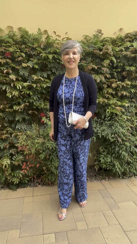 Fun Palm Springs look!  Good for date night. Matching print top and palazzo pants with a perfect girlfriend cardigan. All @talbots.
Accessories include long strand of pearls, diamond studs, a silver clutch (fabulous buy) and silver pave hoops.
#ltkover50
#ltkunder50
#matchingsets
#classicstyle

#LTKfindsunder50 #LTKSpringSale #LTKVideo