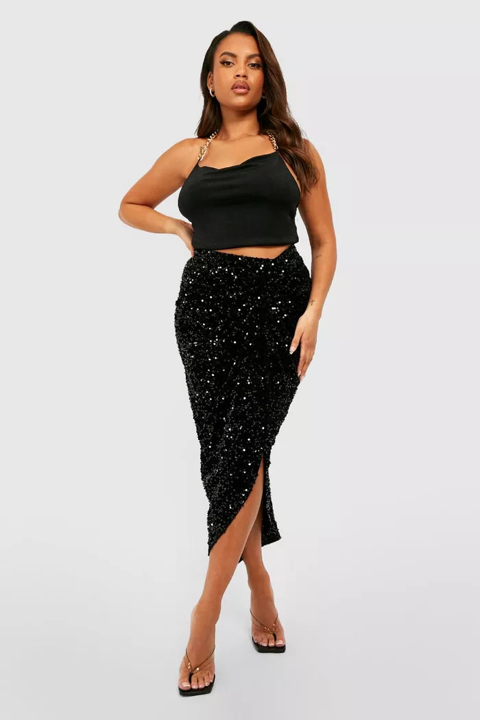 Plus Sequin Ruched Front And Back Midi Skirt | boohoo (US & Canada)