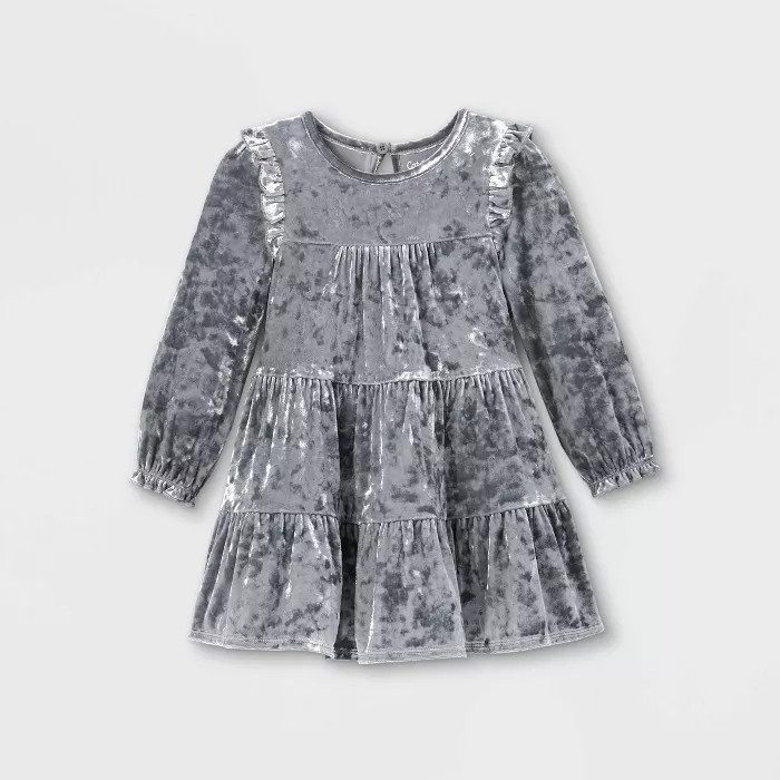 Toddler Girls' Tiered Velour Long Sleeve Dress - Cat & Jack™ Silver | Target