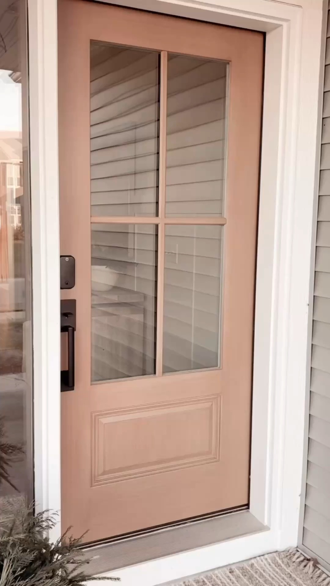 We’ve had this fiberglass front door for almost 3 years and I still love it! It looks like wood, but you don’t have to stain it or deal with weathering. I linked the handles and smart lock we have too. 
Thinking of getting the same one for the cabin.