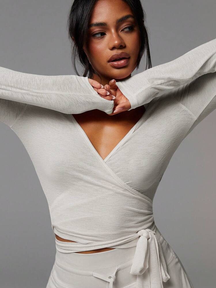 Athîral Women's Casual Sports Solid Color Wrap Tie Blouse | SHEIN