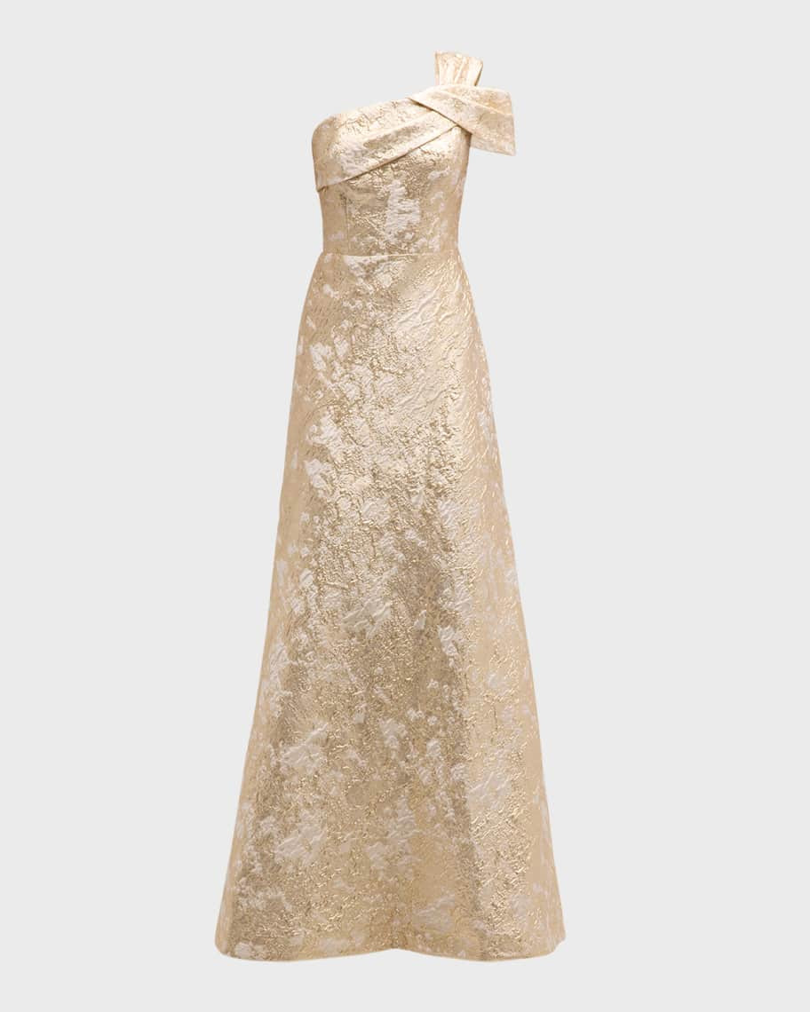 Rickie Freeman for Teri Jon One-Shoulder Metallic Jacquard A-Line Gown | Neiman Marcus
