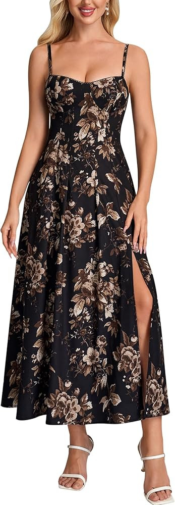 URYIAO Floral Midi Dresses for Women Spring Summer Wedding Guest Dress Slit Flowy Lace Sundress 2... | Amazon (US)