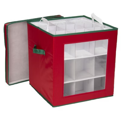 Ornament Storage Box, 27 Piece with Dividers, Sturdy and Stackable with Handles and Clear Plastic Window, Red Polyester Linen with Green Trim | Target