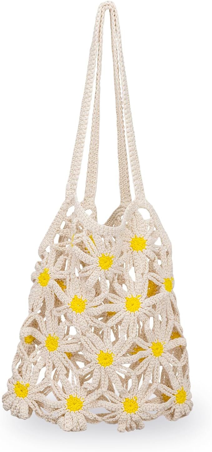 Small Flower Tote Bag for Beach, White Cute Aesthetic Knit Mesh Totebag for Women, Net Cotton Han... | Amazon (US)