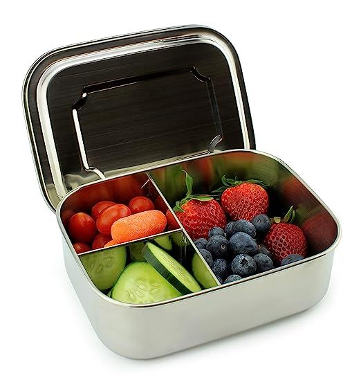 Stainless Steel Small 3-Compartment Bento Box, Kid/Snack Size 6.5 x 5.1 x 2.2 Inch Lunch Box | Amazon (US)