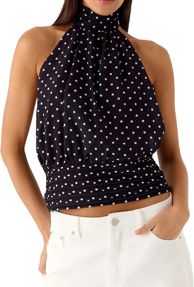 Womens Cinched Elastic Waist High Halter Neck Tie Open Back Bubble Tank Top Y2k Cute Slim Fit Bac... | Amazon (US)