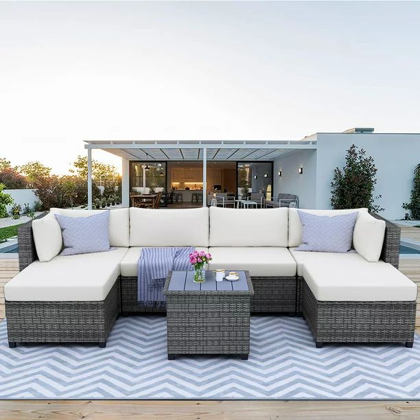 7 Piece Rattan Sectional Sofa Set, Outdoor Conversation Set, All-Weather Wicker with Cushions & C... | Walmart (US)