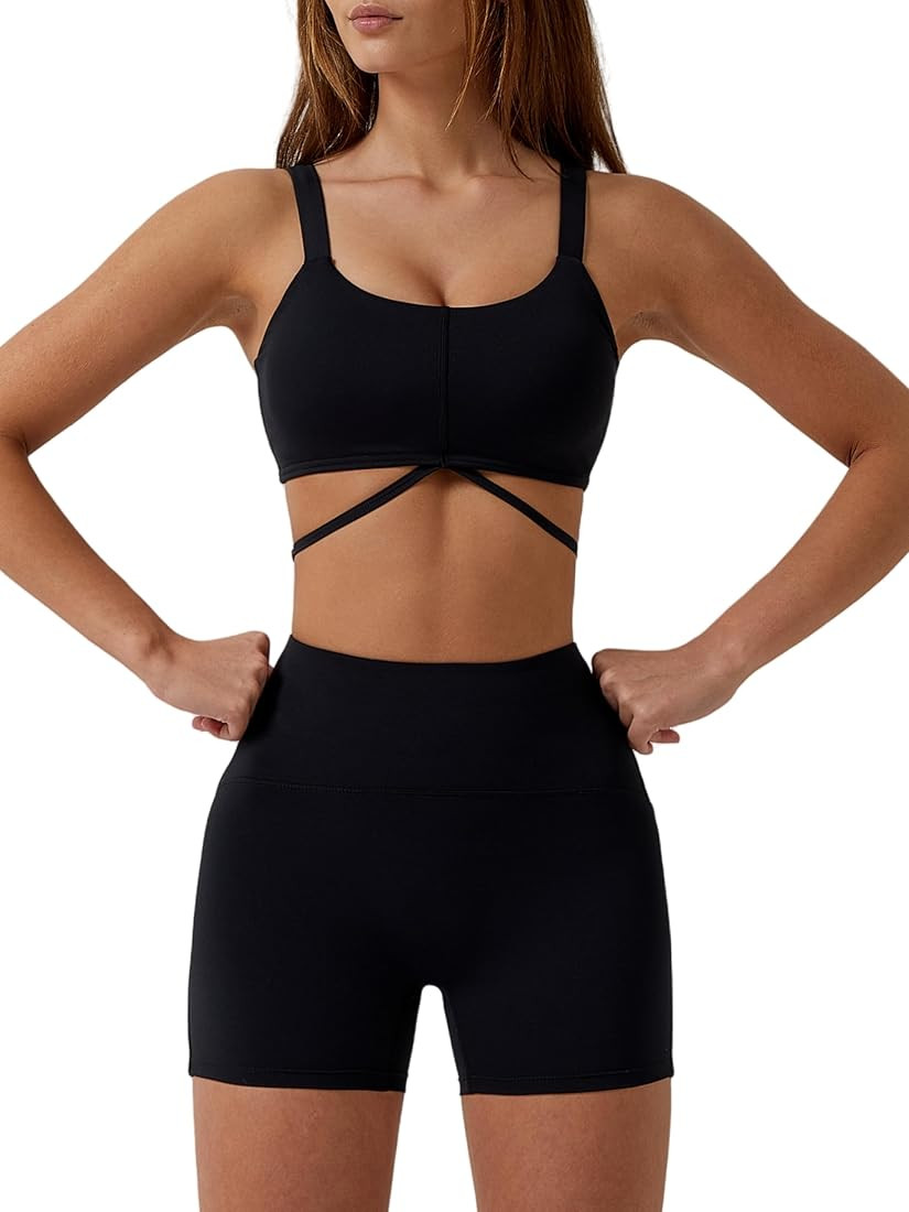 ABOCIW Workout Sets for Women 2 Piece Twist Front Halter Sports Bras High Waist Booty Shorts Exer... | Amazon (US)