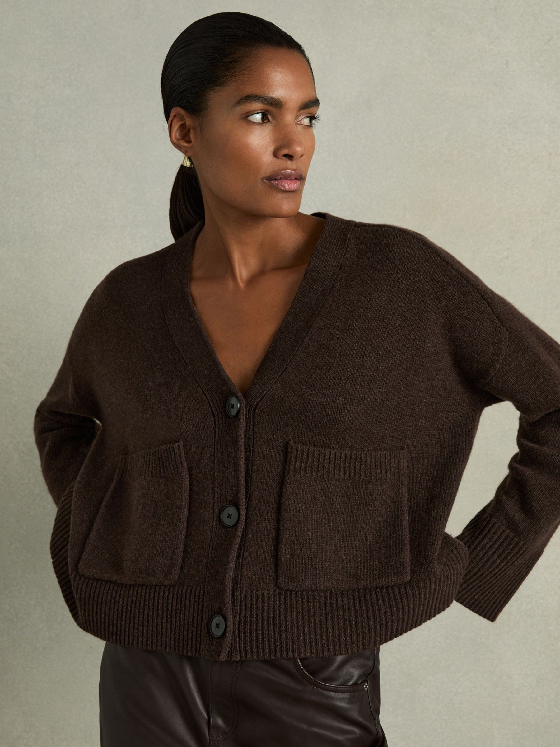 Reiss Wool-Cashmere Patch-Pocket Cardigan in Chocolate - REISS | Reiss UK