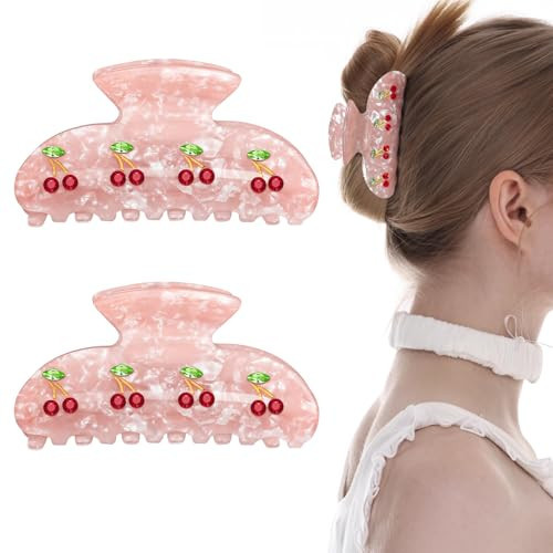 CWJCYTNSN Cherry Hair Claw Clips For Women, 2Pcs Pink Hair Clips With The Rhinestone Pattern In Red Cherry, Medium Hair Clips for Thick Thin Hair Styling Sectioning | Amazon (US)