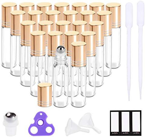 Essential Oil Roller Bottles 10ml (24 Pack Clear Glass Bottle with Gold Cap, 4 Extra Roller Balls... | Amazon (US)