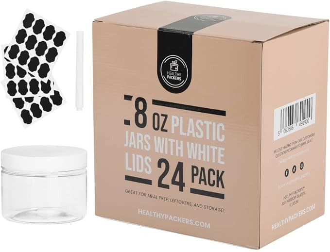 Healthy Packers 8oz Plastic Jars With Lids, Labels and White Marker - 24-Pack Small Plastic Conta... | Amazon (US)