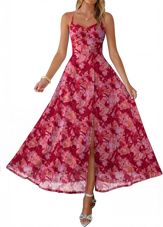 Caracilia Women's Summer Maxi Dresses Floral Mesh Spaghetti Strap Split Formal Wedding Guest Cock... | Amazon (US)