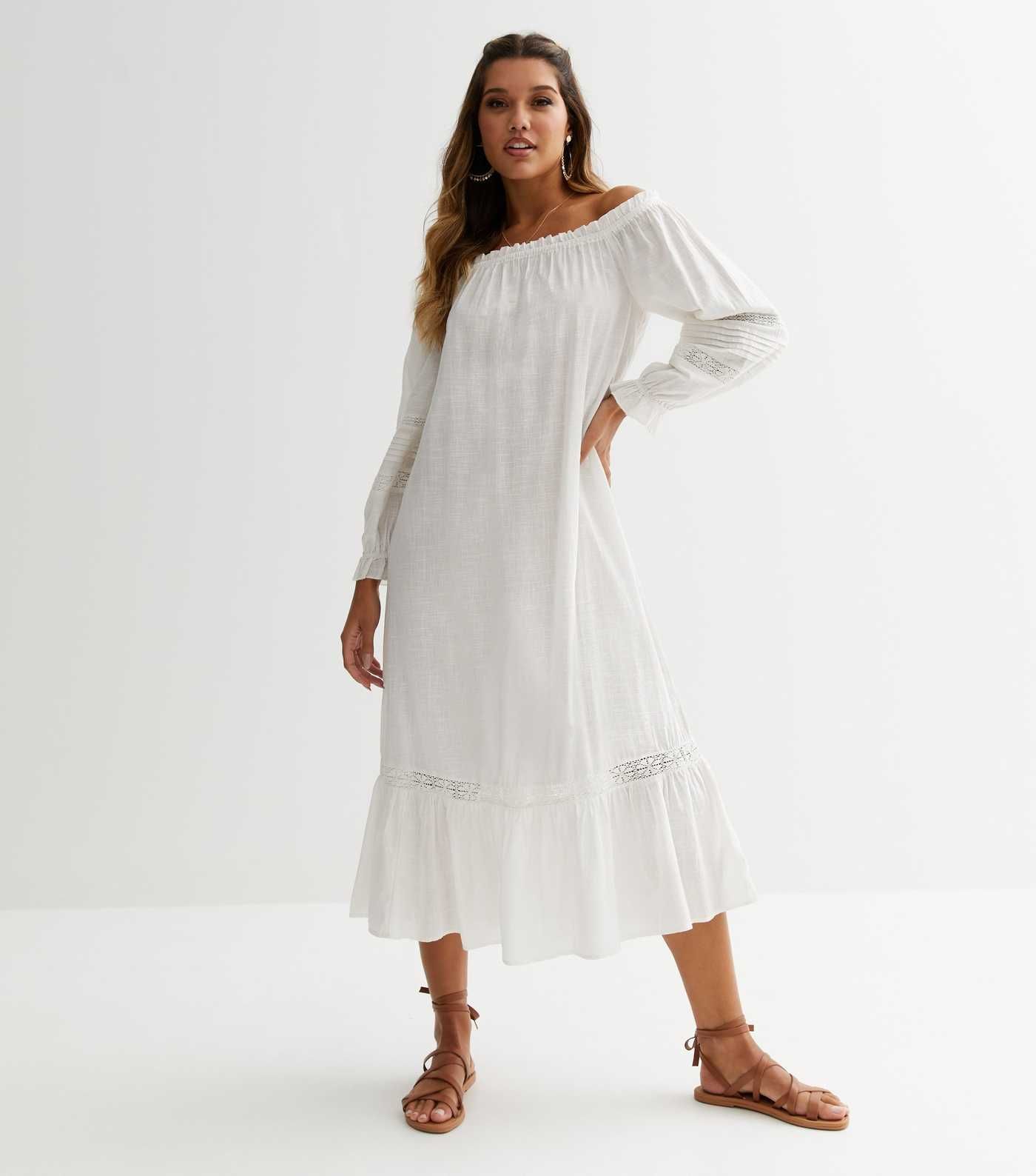 White Linen Look 3/4 Sleeve Bardot Midi Dress
						
						Add to Saved Items
						Remove from S... | New Look (UK)