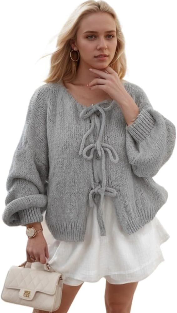 Women Tie Front Knitted Cardigan Y2k Open Front Knitwear Tops Long Sleeve Oversized Cardigan Swea... | Amazon (US)