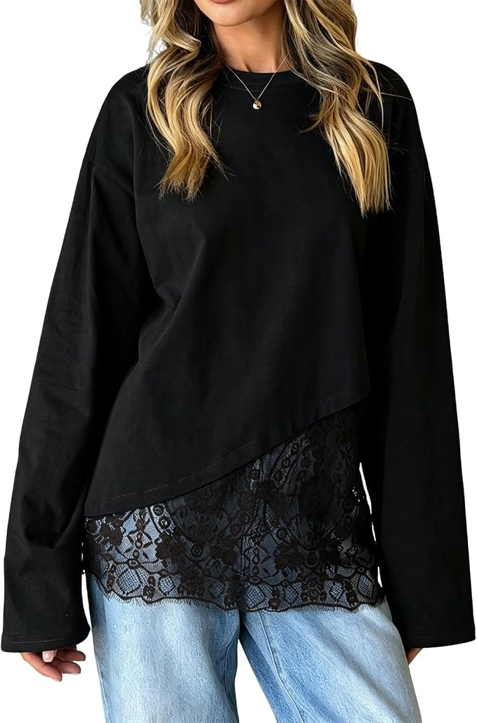 Womens Lace Patchwork Top Asymmetric Hem Long Sleeve Shirt | Loose Fit, Lightweight, Soft Touch, ... | Amazon (US)